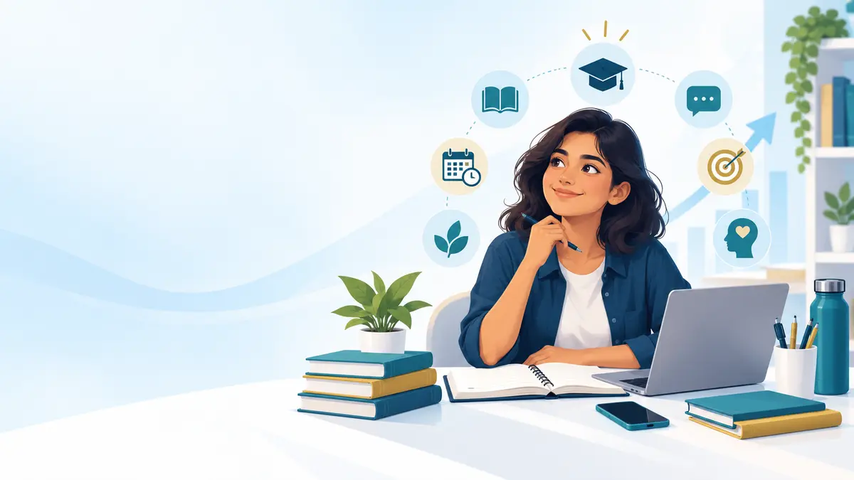 Indian college student learning with books and laptop for student life and lifelong learning