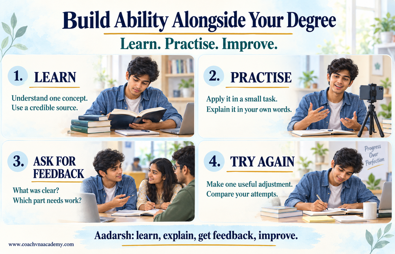 Aadarsh demonstrates four steps to build ability alongside a degree: learn a concept, practise explaining it, ask for feedback, and try again.