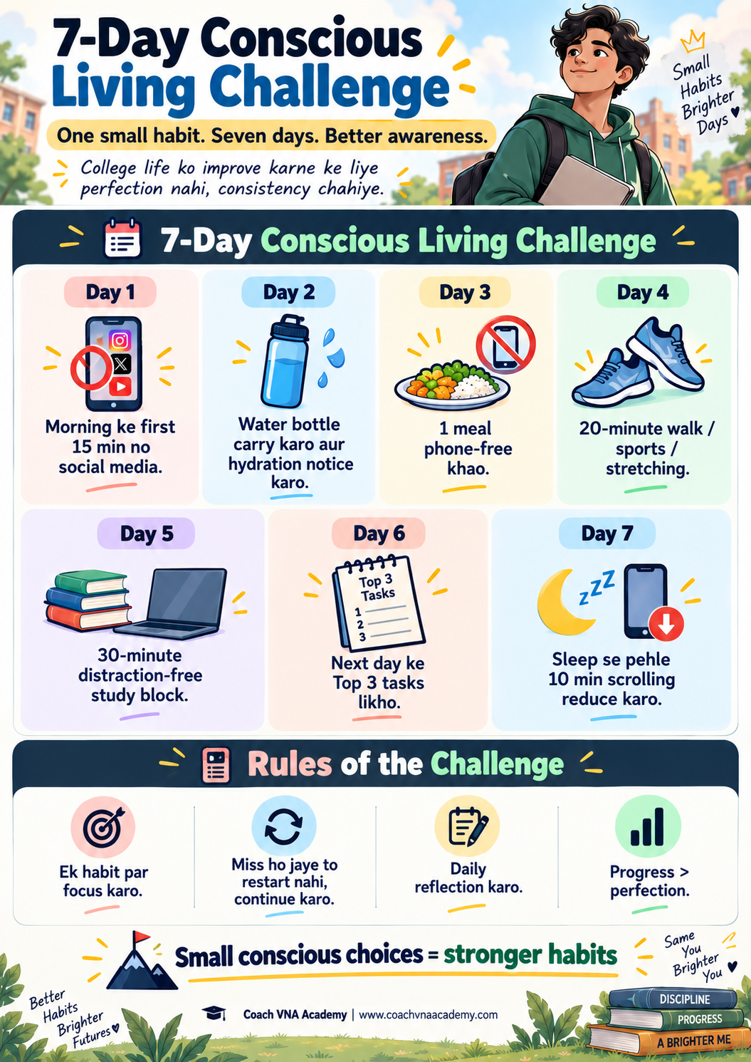 7-day conscious living challenge for college students to build healthy intentional habits