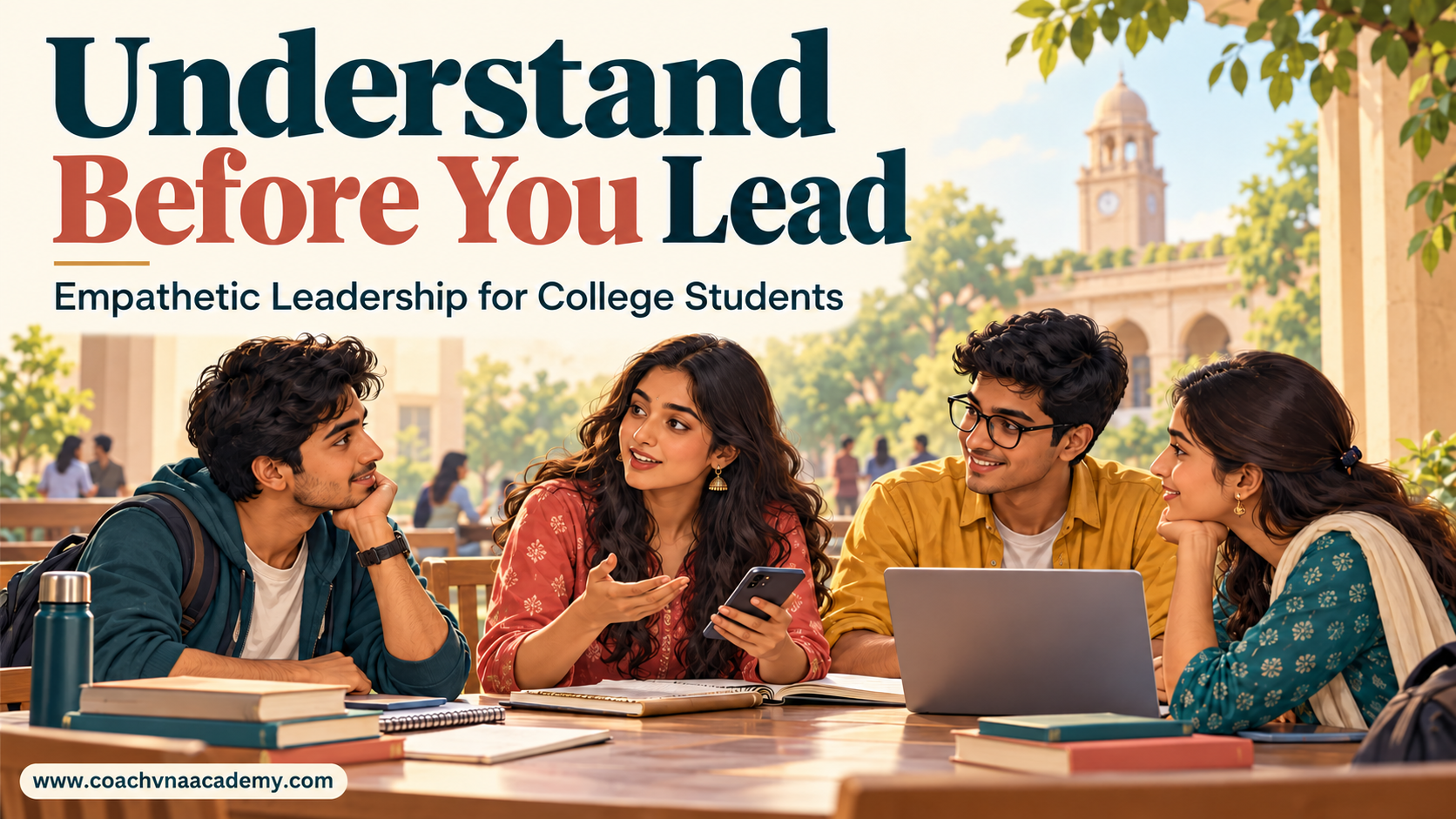 Indian college students listening and collaborating on a group project under the title Understand Before You Lead.