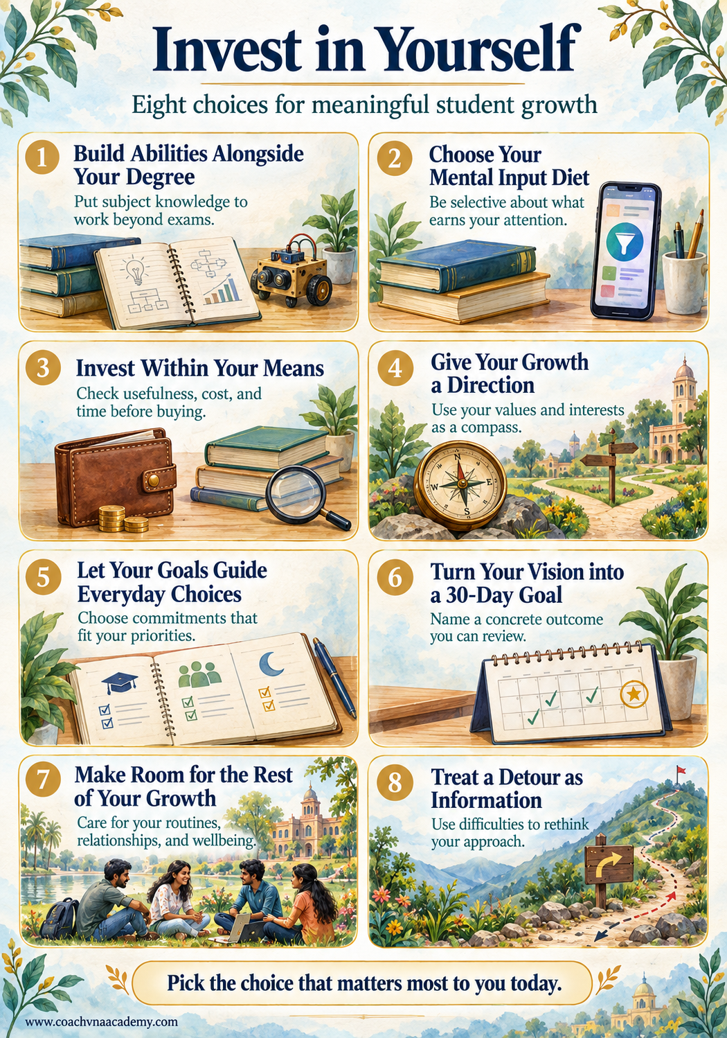 Eight choices for student growth: build abilities, choose useful inputs, invest affordably, find direction, align daily choices, set a 30-day goal, support overall wellbeing, and learn from detours.