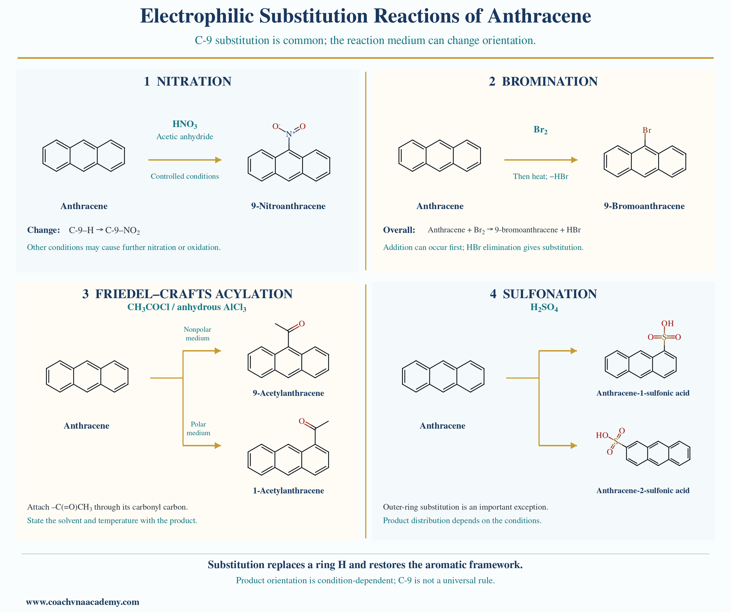 Electrophilic substitution reactions of anthracene showing nitration, bromination, solvent-dependent acylation and outer-ring sulfonation.