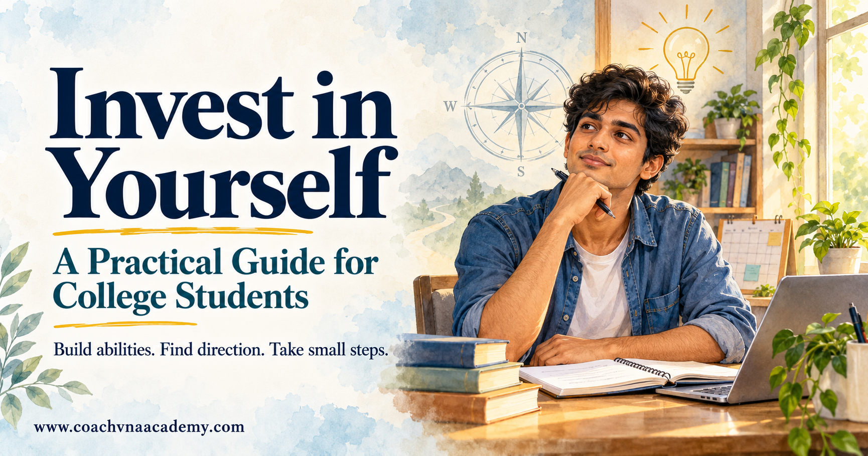 Aadarsh reflecting at his study desk beside the title Invest in Yourself: A Practical Guide for College Students.