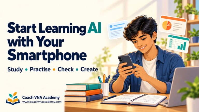 Student using a smartphone beside study notes, with symbols for AI-assisted learning and projects.