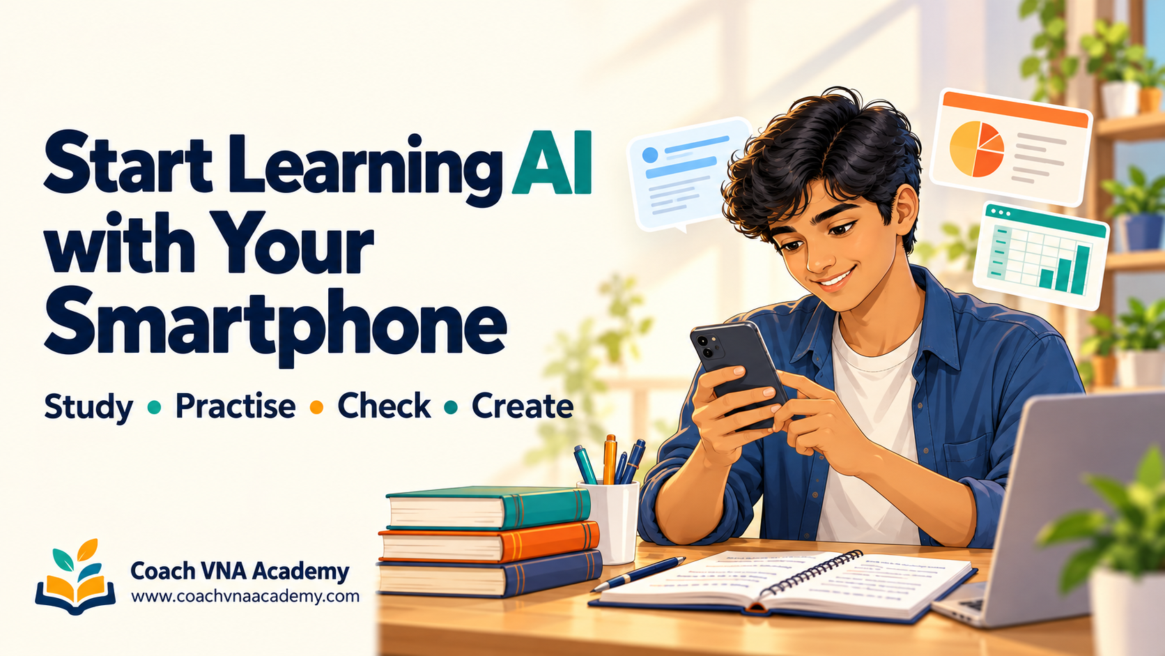 Student using a smartphone beside study notes, with symbols for AI-assisted learning and projects.