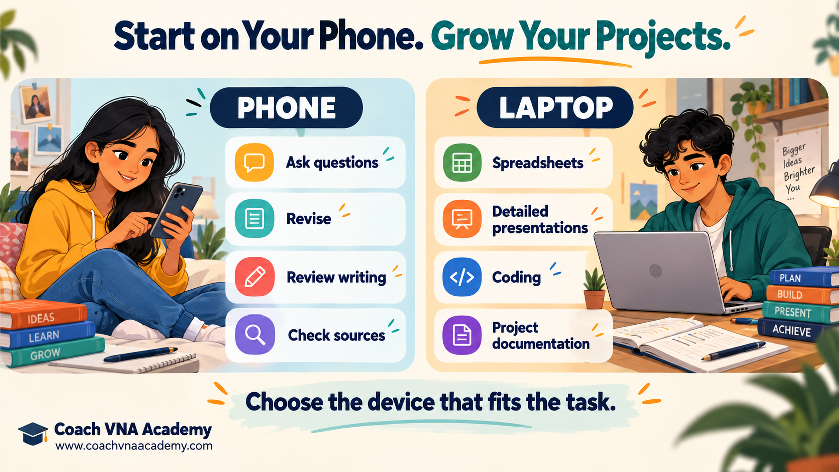 Phone and laptop activities for learning AI, from revision and questions to spreadsheets, coding, and projects.