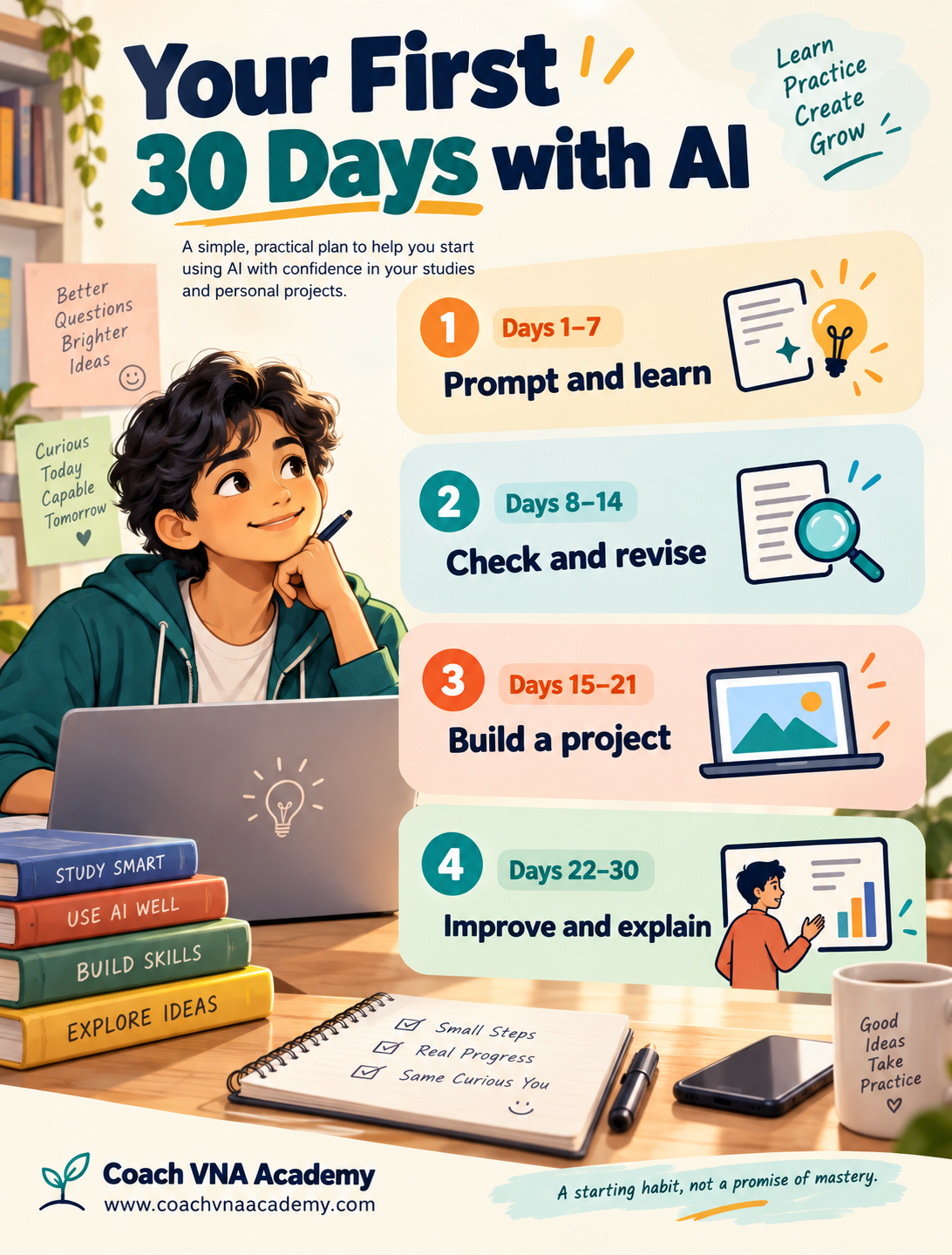 A 30-day beginner AI plan progressing through prompts, verification, a small project, and documentation.
