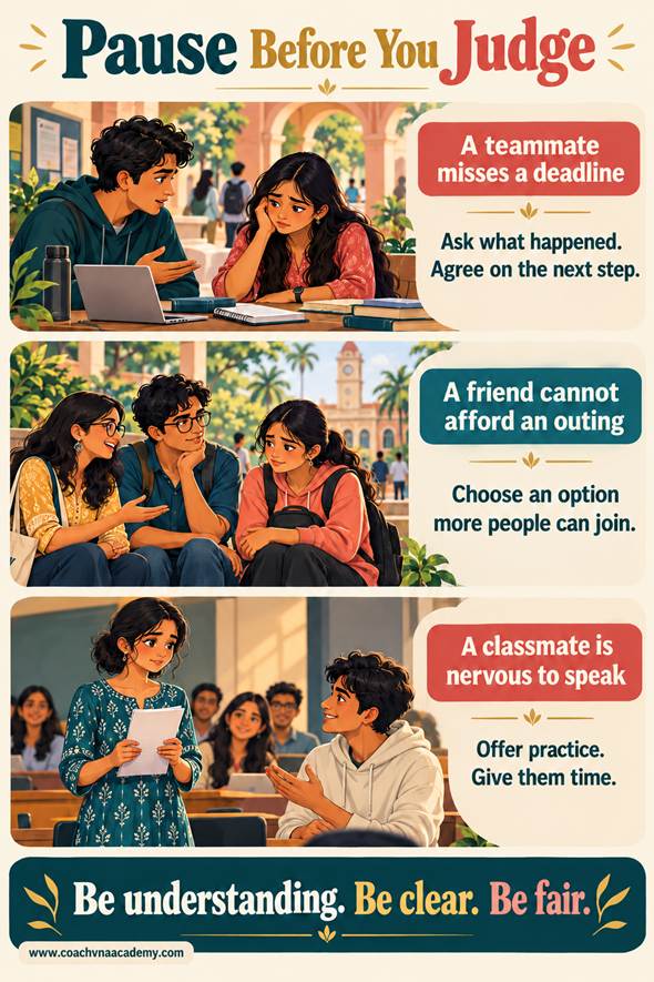 Empathetic responses to a missed deadline, an unaffordable outing, and a classmate who is nervous about speaking.